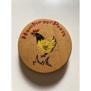 VINTAGE WOODEN HAMBURGER PRESS W/ROOSTER ARTWORK. MADE IN JAPAN. Hinge Missing